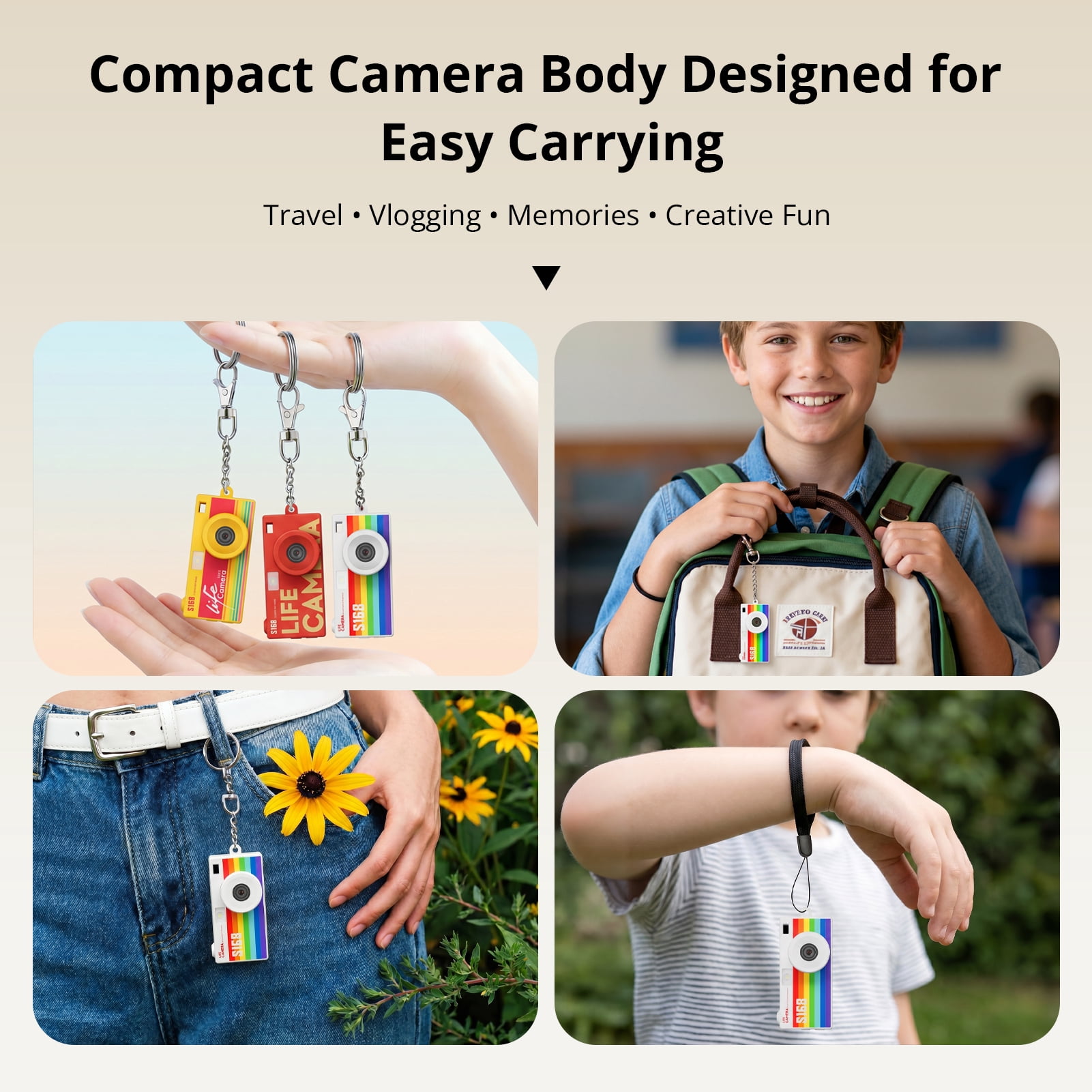S168 Mini Digital Camera, 1440P HD Portable Keychain Design with 16GB Card, 7 Filters, Built-in Light, Usb-C Cable, White