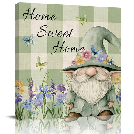 Wall Art Prints Rustic Gnome Framed Canvas Prints for Bedroom Living Room Bathroom Office Spring Flowers Butterfly Green Check Gallery Wrap Wall Art Poster for Gifts Home Decor 16 x16