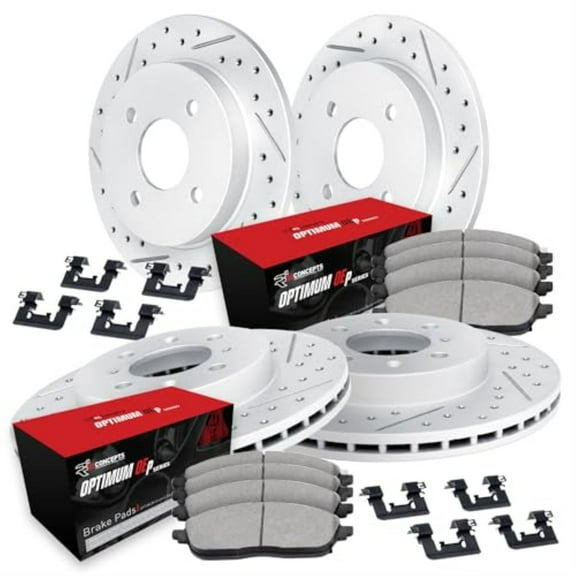 R1 Concepts Drilled and Slotted Carbon Coated Disc Brake Rotor Set with Optimum Oe Pads and Hardware WBUH2-54270