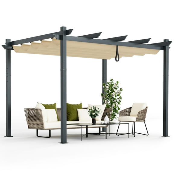 Costway 10x12ft Outdoor Aluminum Retractable Pergola Canopy Shelter Grape Trellis Beige