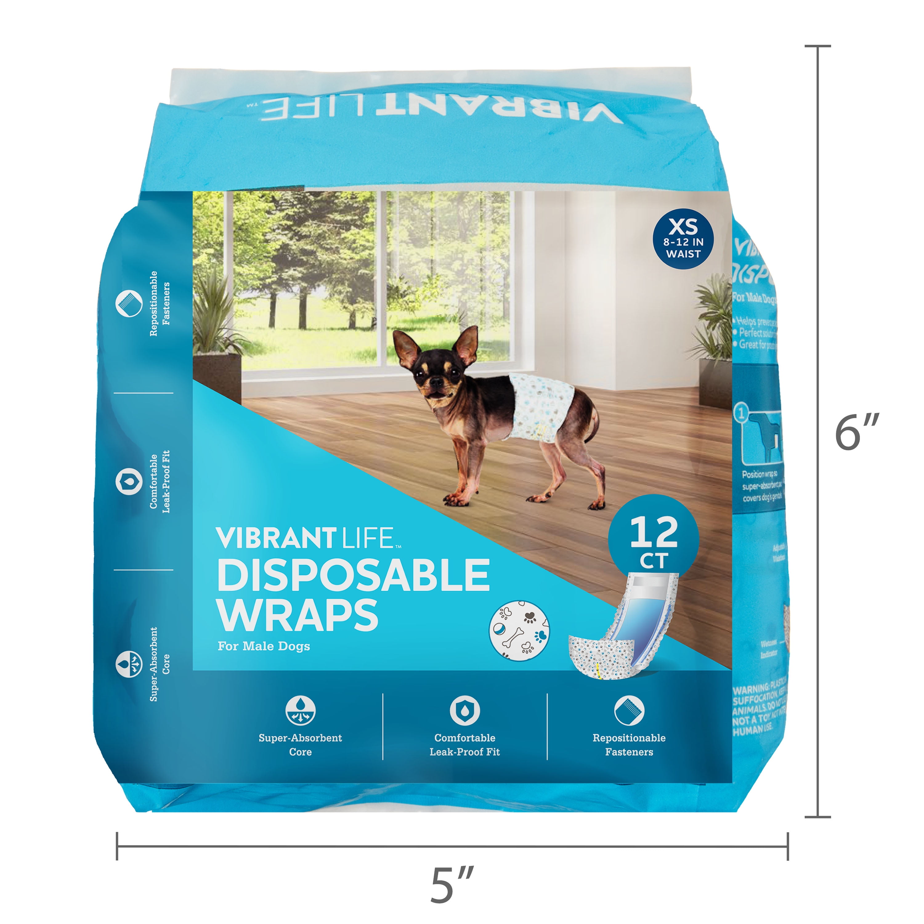 (6 pack) Vibrant Life Disposable Dog Wraps for Male Dogs, X-Small, 12 Count