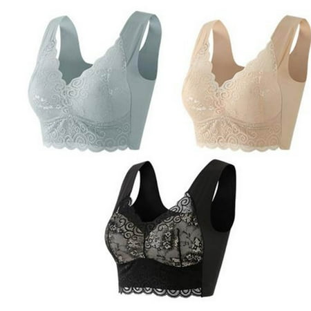 MIUOWANP 3PC Woman s Bras No Underwire Full Support Lace Pattern Tank Top Bra Optimal Push-Up Bra for Ultimate Charm (Gray+Black+Beige) XXXXL