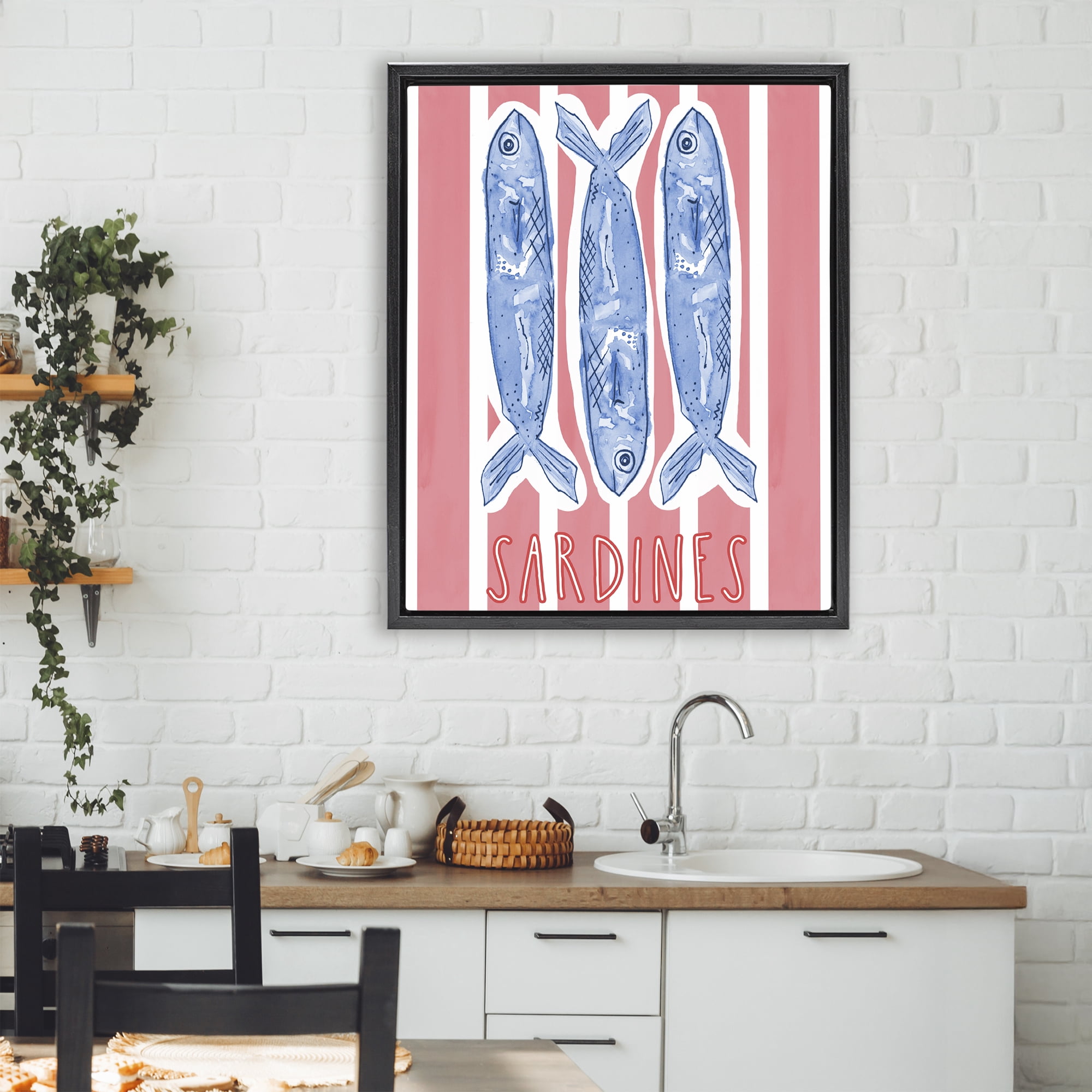 Stupell Industries Americana Sardines on Pink Stripes Black Framed Floater Canvas Wall Art, design by Nola James