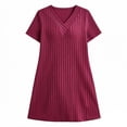 thumbnail image 6 of IUYRTFE Women Solid Color Short Sleeve V Neck Ribbed Dress Casual Loose Fit Summer Mini Dress, 6 of 6