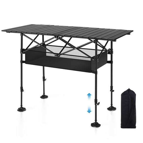 LET'S CAMP Mesa plegable para acampar, mesa portátil de aluminio enrollable para picnic con altura ajustable, gran bolsa de almacenamiento y transporte para picnic, camping, barbacoa, fiesta, patio tr