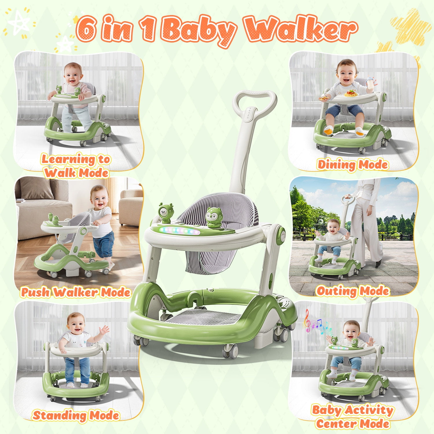 WonderStone 5 in 1 Baby Walker, Foldable Push Walker with Wheels, Music & Light, Baby Bouncer, Baby Activity Center for Boy Girl 6-12 Months (Green)