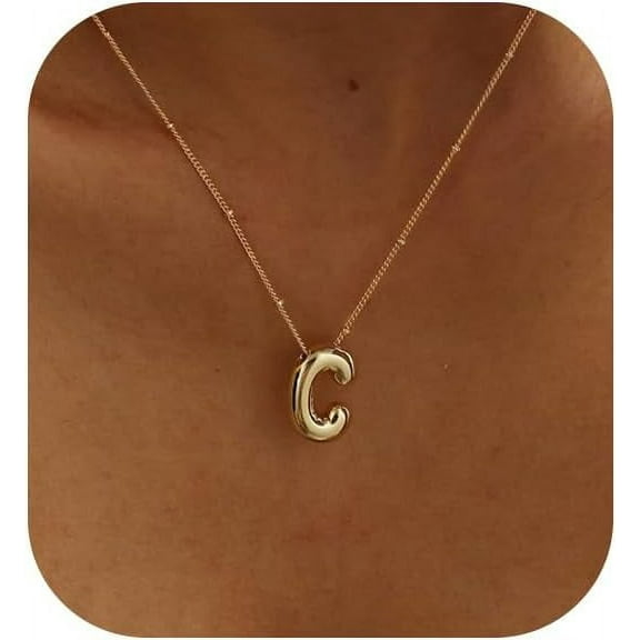 Gold Bubble Letter Necklace For Women, 14K Gold Plated Balloon Initial Letter Pendant Necklace Dainty Charm Initial Necklaces For Women Trendy Chunky Custom Name Necklace Gold Jewelry For Wo[o829]