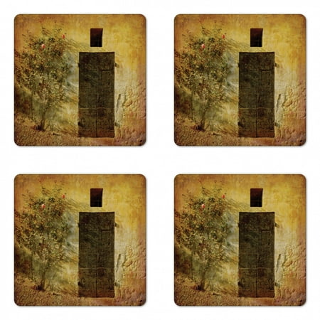 

Rustic Coaster Set of 4 Historical Italian Door of Stone House Mediterranean Picturesque Heritage Square Hardboard Gloss Coasters Standard Size Amber Brown by Ambesonne