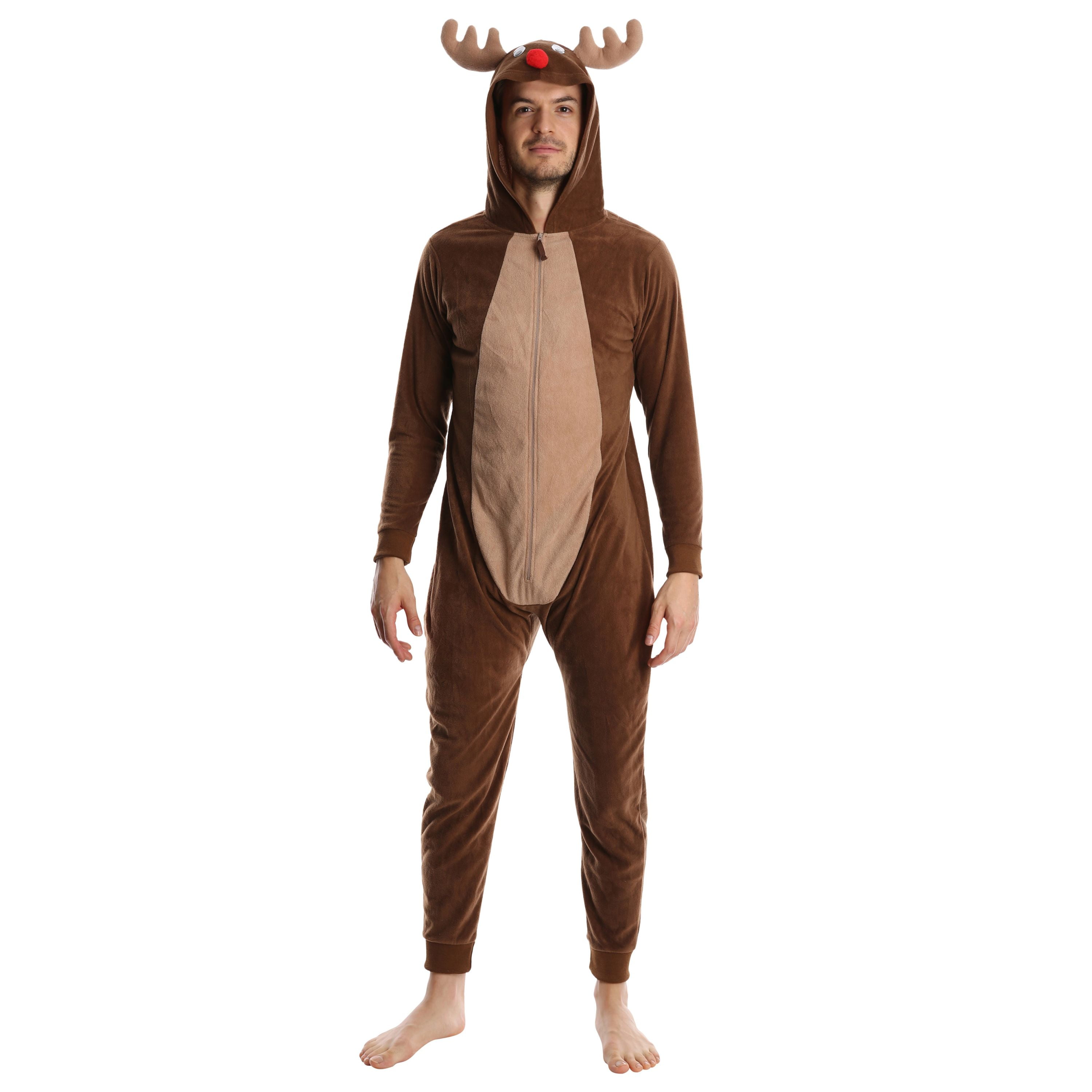 Mens Reindeer Jump Suit Costume Adult Christmas Rudolph Fancy Dress Xmas New 