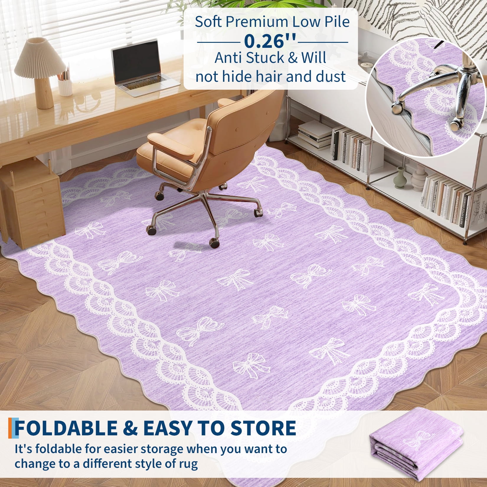 Garvee 8x10 Wave Border Area Rug Coquette Bow Pattern Carpet, Machine Washable Low Pile Rug with Non-Slip Backing for Living Room Bedroom Home Office, Purple
