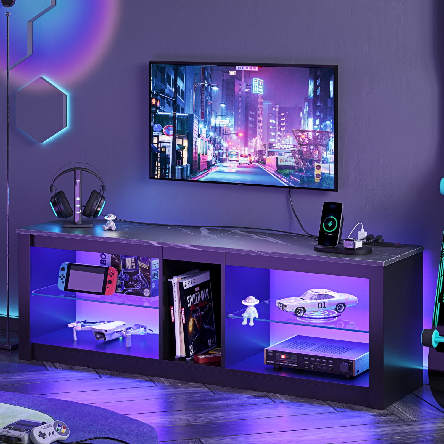 Bestier TV Stand with Power Outlets and Storage Shelves, LED Entertainment Center for TVs up to 60", Black Marble
