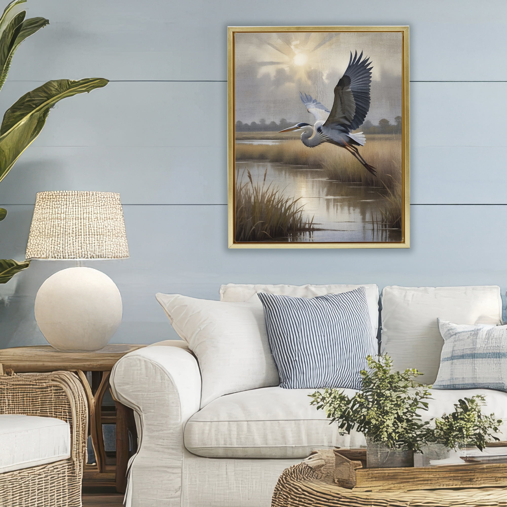 Stupell Industries Heron Flight over Wetlands Gold Framed Floater Canvas Wall Art, design by Susan Arnot