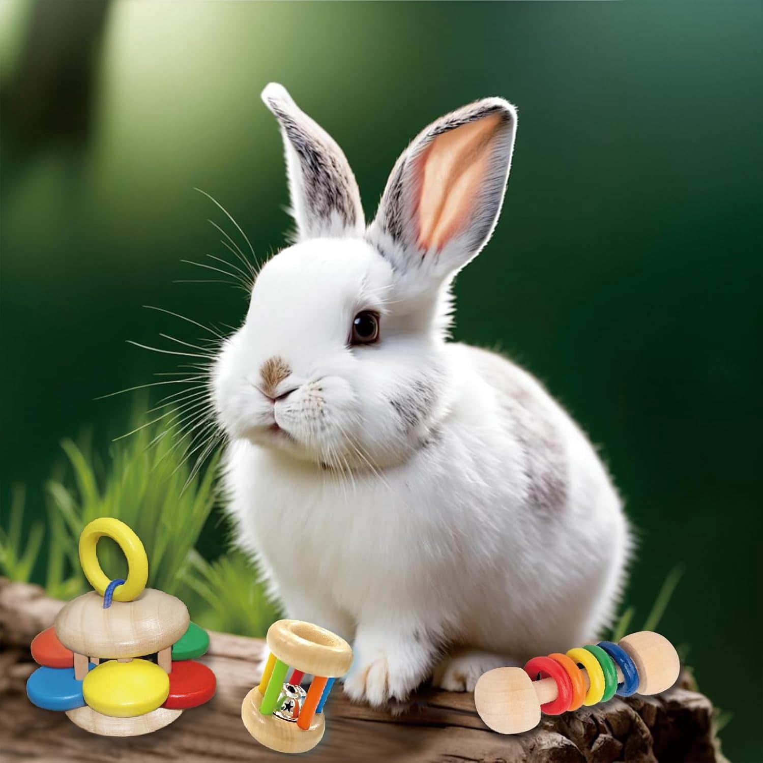 9PCS Wooden Bunny Toys,Safe Rabbit & Guinea Pigs Teeth Grinding Toy for Chinchillas, Hamsters & Small Animals - Indoor & Outdoor