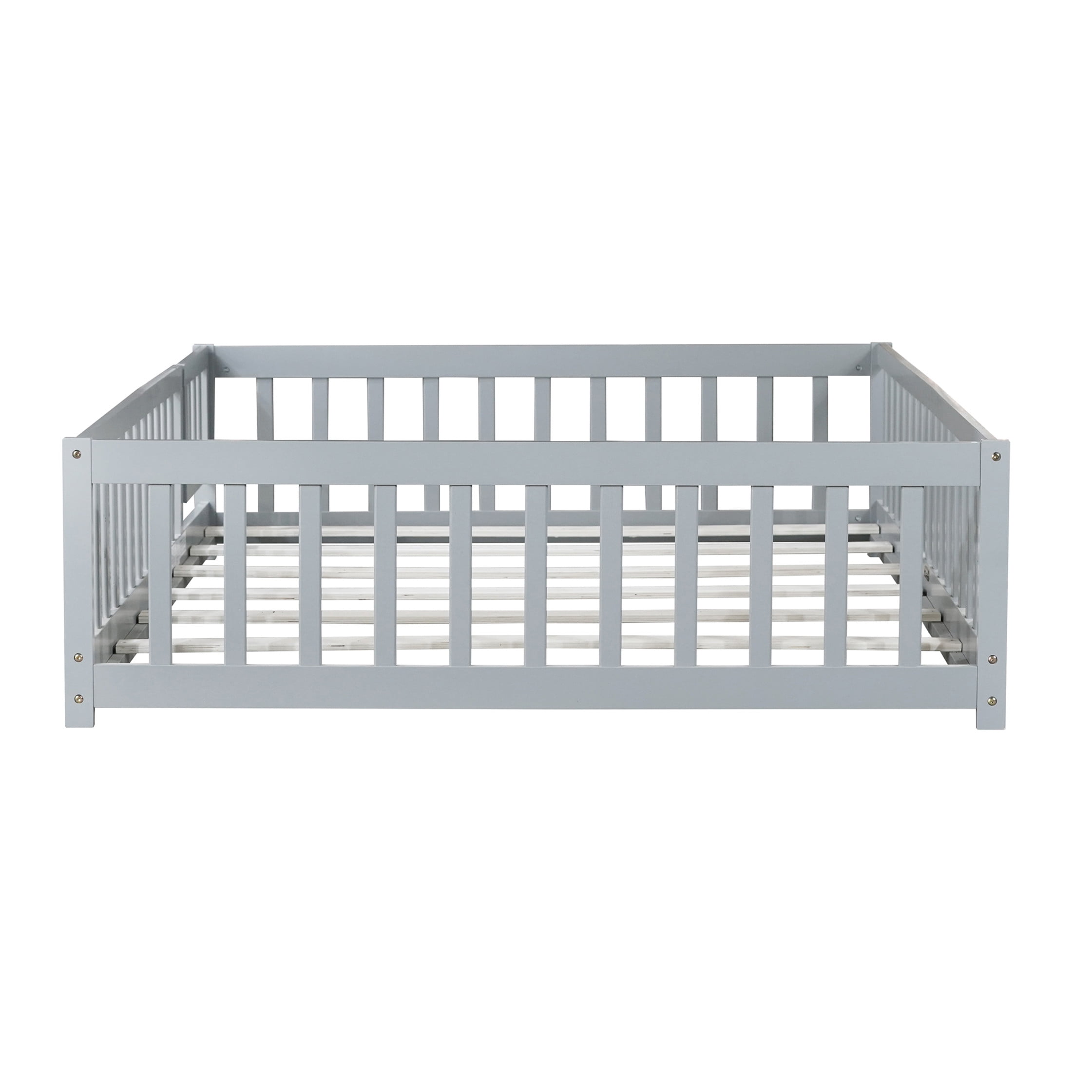 Noble House Mira Full Floor Bed with Fence and Door, Sturdy Rubber Wood Montessori Bed Frame, Kid's Room, Gray