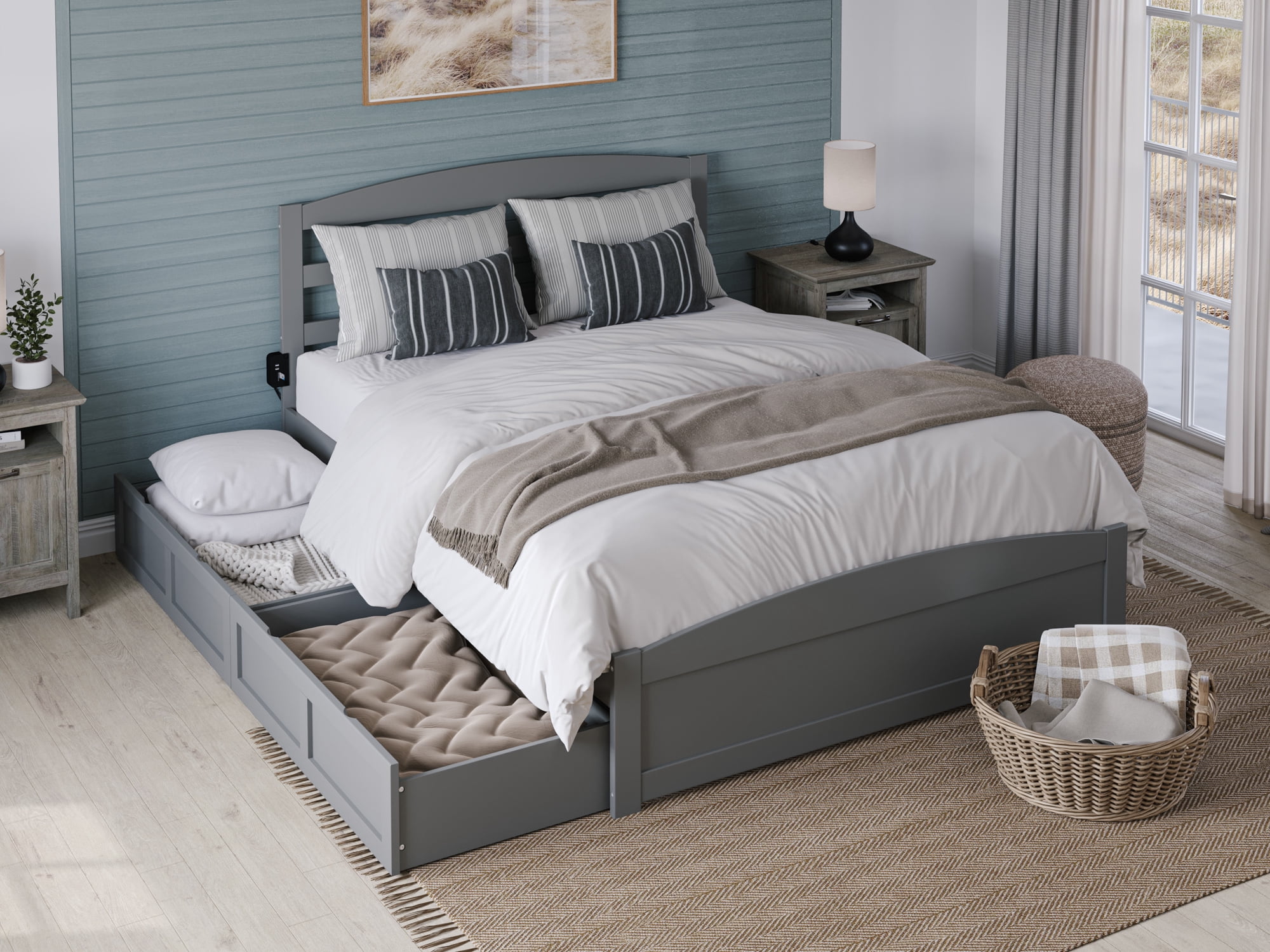 AFI Warren Full Wood Platform Bed with Headboard Footboard & 2 Storage Drawers, Grey