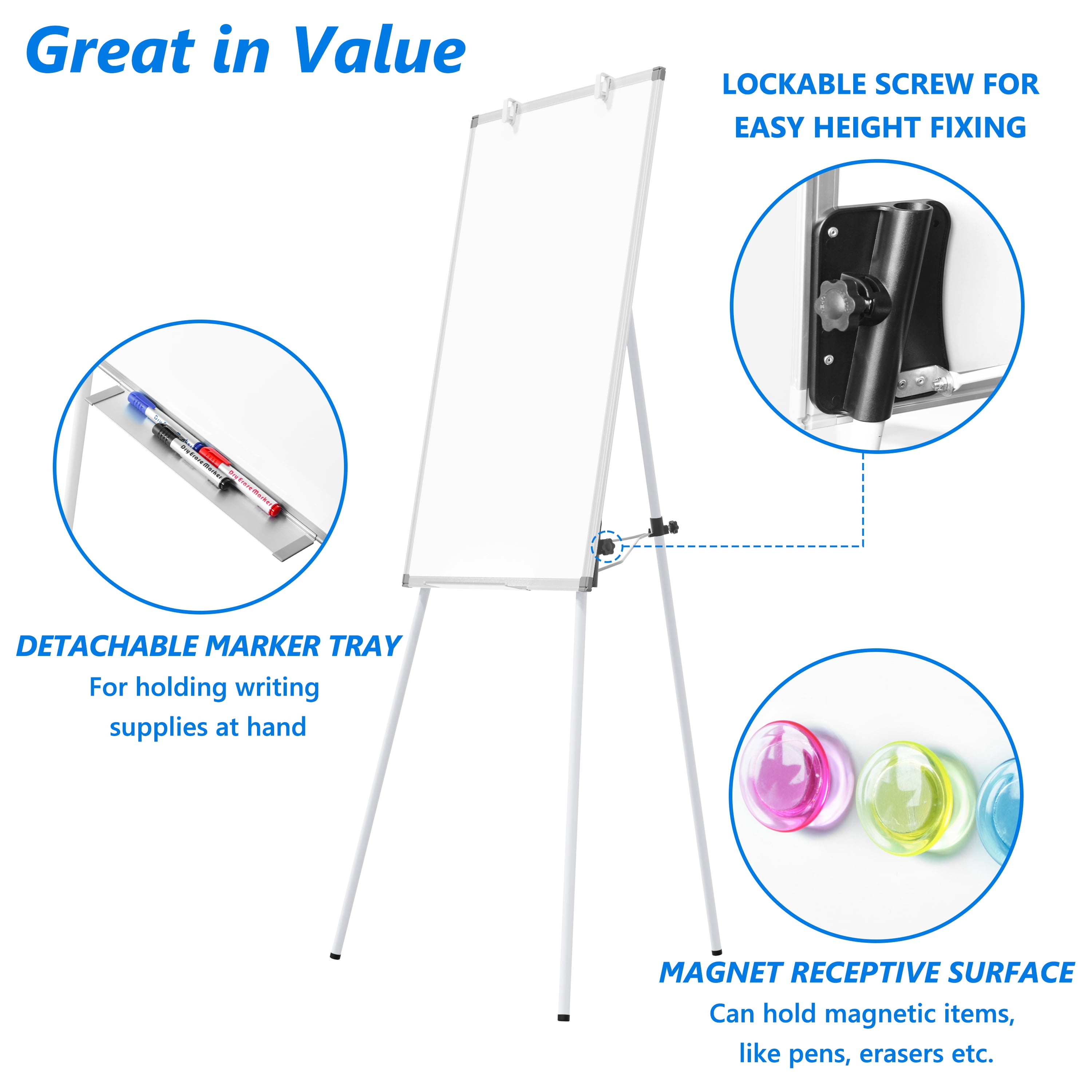 Tooloton 36x24 Inch Magnetic Whiteboard with Adjustable Tripod Stand, Portable Dry Erase Board for Home, Office & School Use