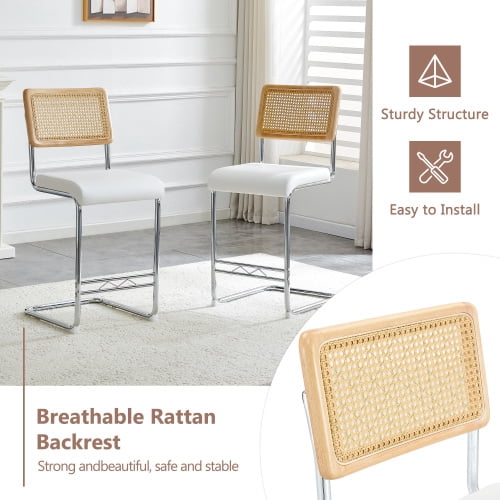 Natural Rattan Bar Stools Set of 2, 25" Counter Height Bar Chairs with Solid Wood Backrest, Medieval Modern Kitchen Stools with White PU Leather Cushion and Chrome Metal Legs