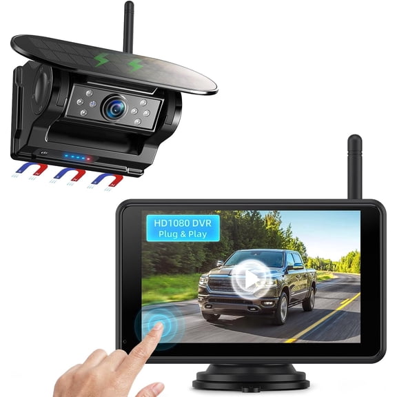 eRapta Magnetic Solar Wireless Backup Camera 5'' Monitor HD 1080P Waterproof, Touchscreen Portable with DVR, BSD,  for RV Trailer Car Camper Truck