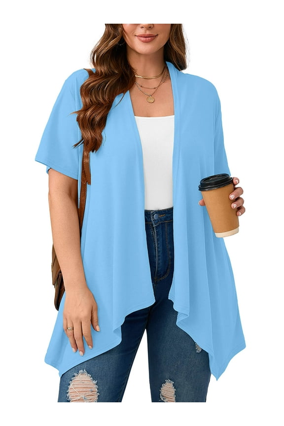 Women's Plus Size Summer Shrugs Draped Front Open Boleros Light Blue 3X Casual Short Sleeve Lightweight Cardigan Layering Coat