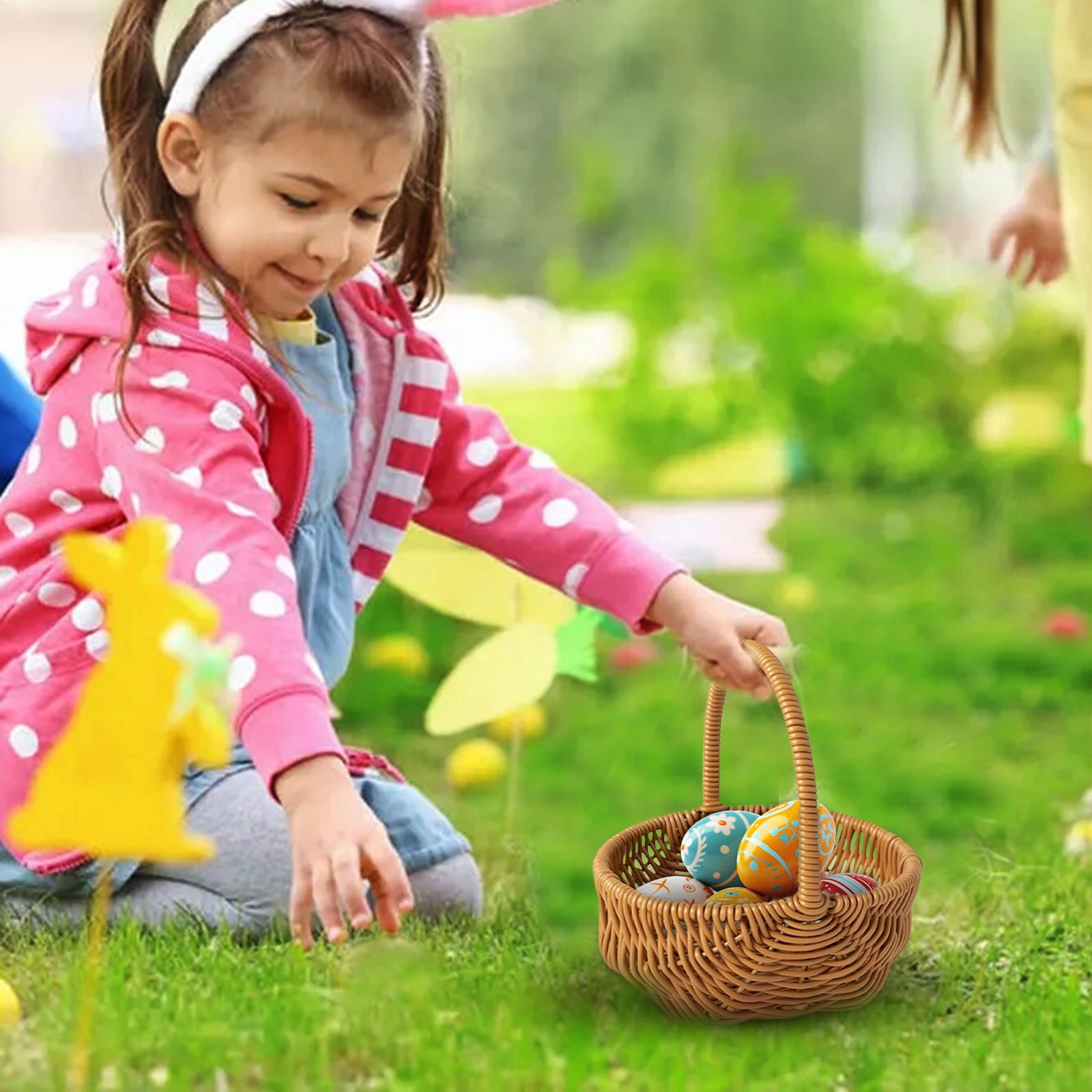 XKHZJL Wicker Easter Basket with Handle, Wicker Picnic Basket Flower Girl Basket Small Woven Gift Basket for Kids Egg Hunt, Candy, Eggs and Bunny Charm, Spring Party Decor Wedding