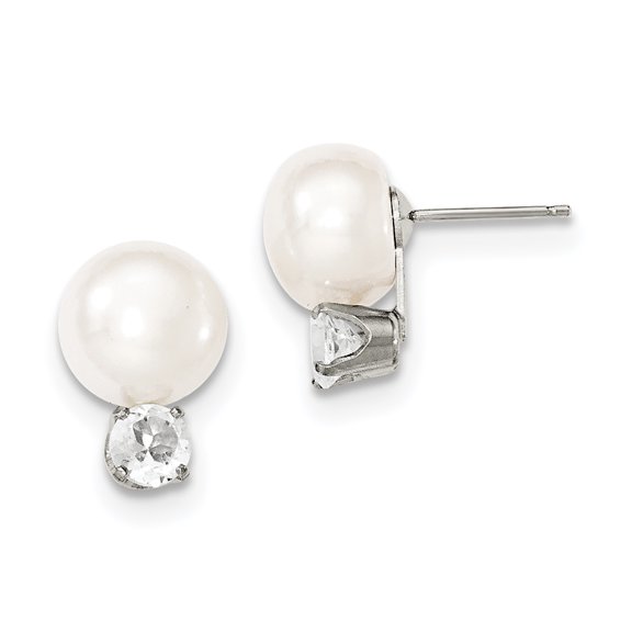 Primal Silver Sterling Silver 10-11mm Freshwater Cultured Button Pearl with White Topaz Earrings