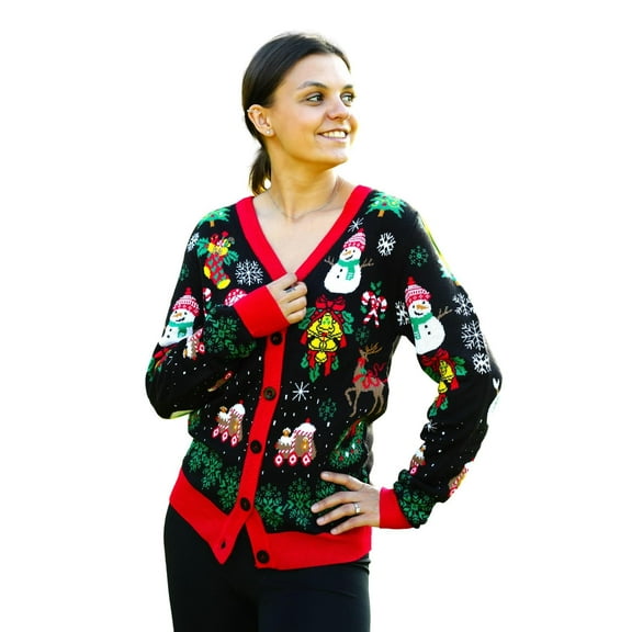 Socal Look Women's Ugly Christmas Sweater, Long Sleeve V-Neck Acrylic Holiday Cardigan, L