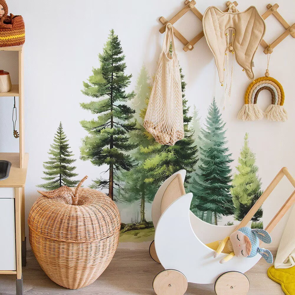 Large Pine Tree Wall Decals Peel and Stick Watercolor Extra Large Tree Wall Decal Forest Transparent decal Nature Green Tree Wall Stickers Giant Pine Tree Wall Decals for Nursery Kids Room Decor