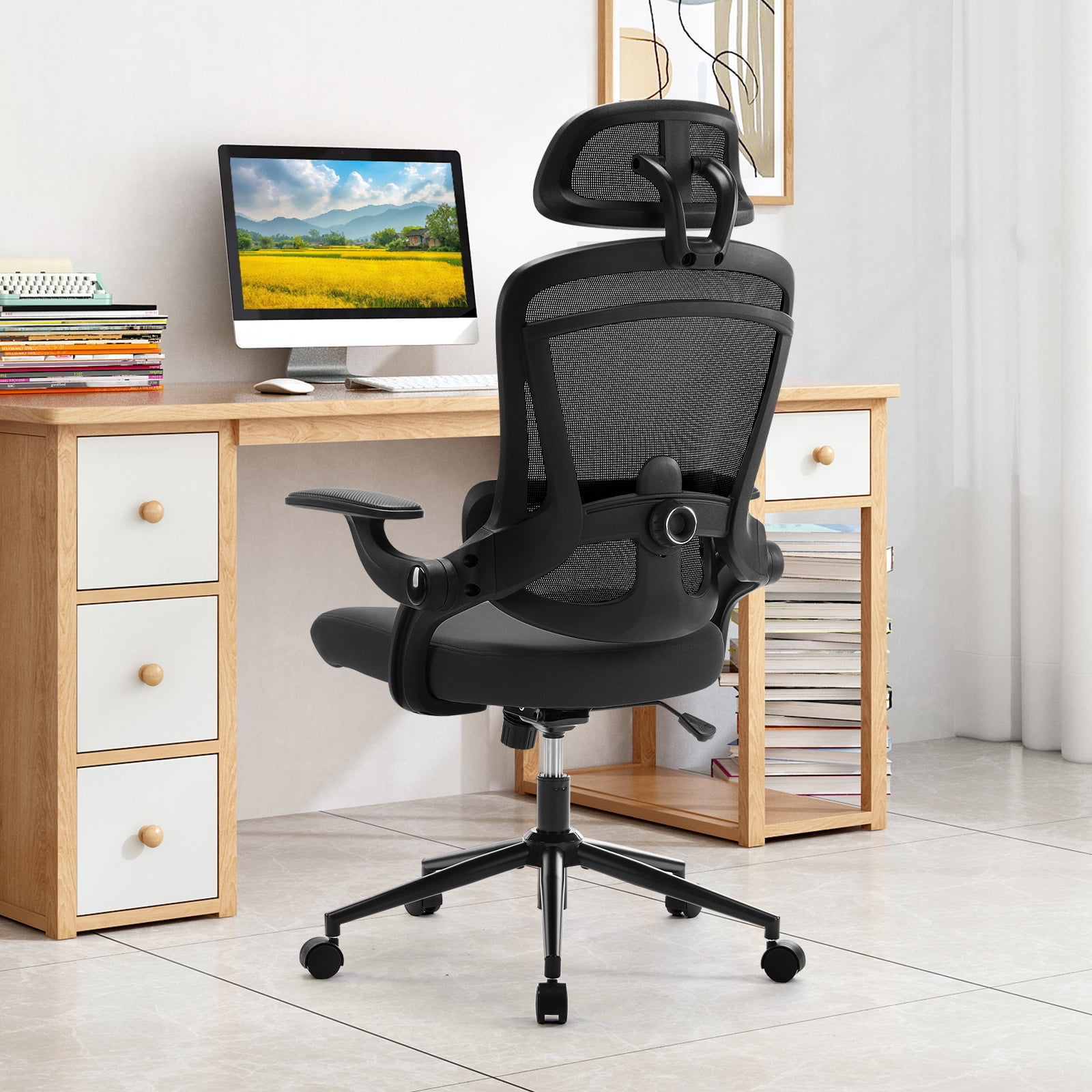 JIOABL Ergonomic High-Back Mesh Office Chair with Lumbar Support, Adjustable Armrests, and Breathable Design for Comfortable Long-Hour Work, Black