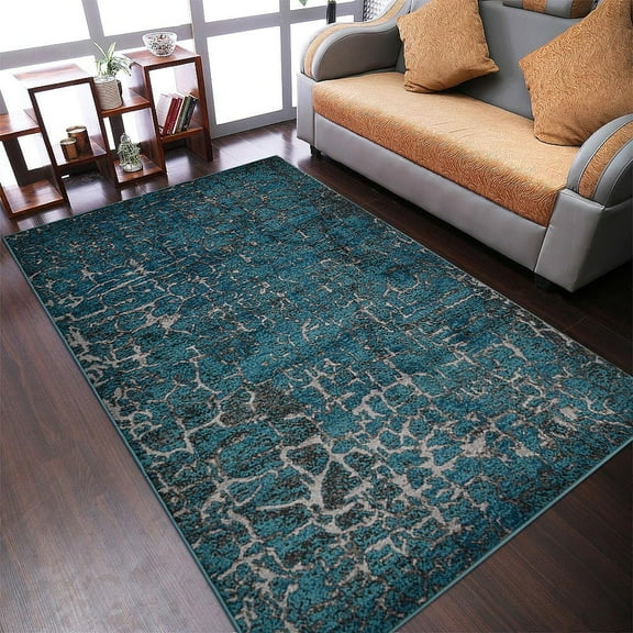 RUGSOTIC CARPETS MACHINE MADE HEATSET POLYPROPYLENE AREA RUGS - 8'x10', Rectangle Shape, Silver Blue Color, Abstract Modern Design, High Pile Machine Made Area Rugs for Living Room, Bed Room (M00027)