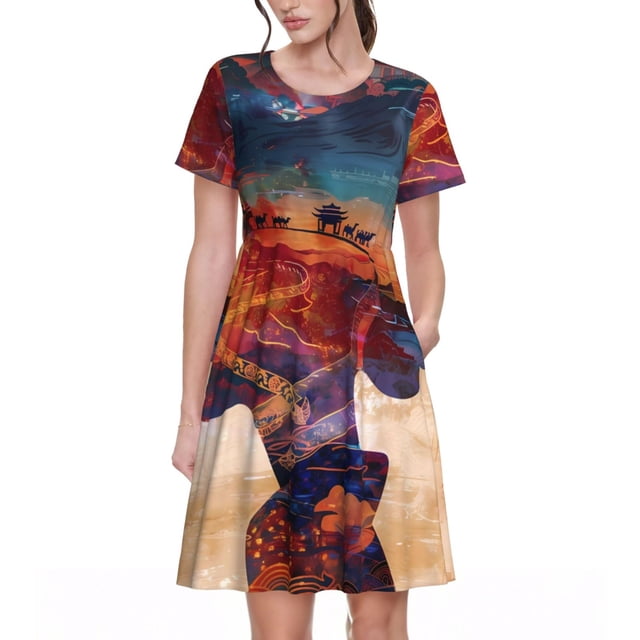 Balery Cultural Silhouette Journey Vestidos sueltos de manga corta para mujer, vestidos de verano 2025, vestidos casuales de corte A con vuelo.