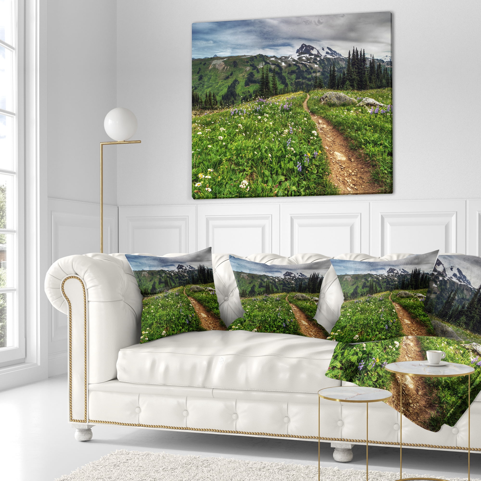 Designart Path Through Flowering Fields - Landscape Printed Throw Pillow - 16x16