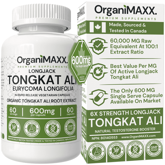 6X Strength Tongkat Ali 600 MG PER SINGLE CAPSULE 60,000 MG Equivalent 100:1 Extract Ratio Highest Potency, OrganiMAXX Longjack Eurycoma Longifolia
