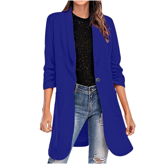 Dazajoo Plus Size Long Sleeve Blazers Womens Dressy Trendy Open Front Work Office Suit Jackets 2024 Fashion Casual Solid Color Lapel Long Blazer Jacket for Women,Blue,XXL