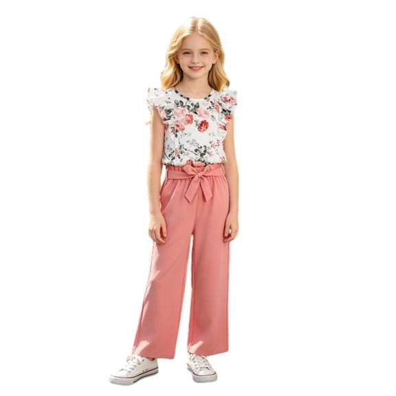 PureChapter Girls' Clothing Sets Floral Print Ruffle Sleeve Top and Bow-Waist Pants 2-Piece Outfit Summer Casual Wear for 8-12Y