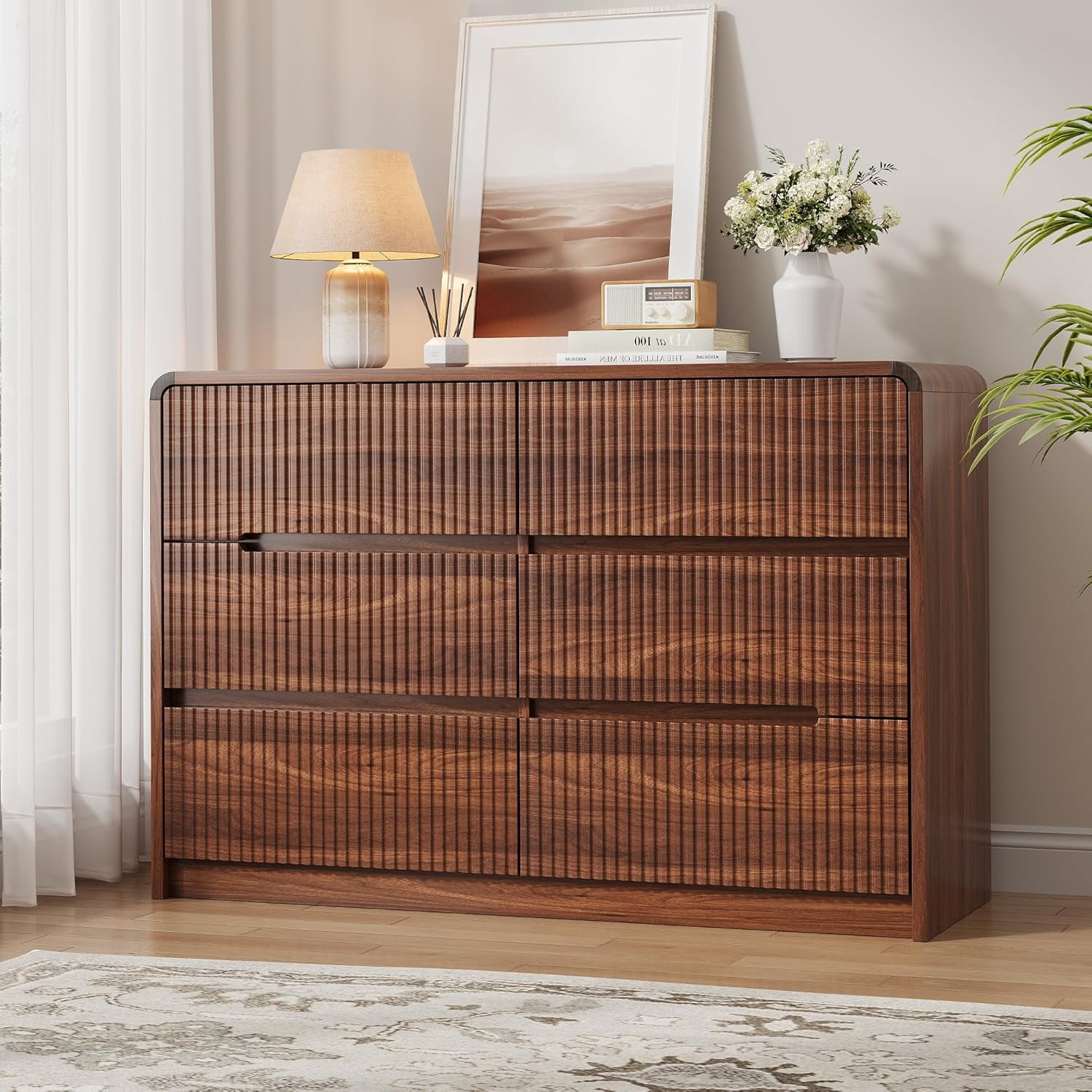 Fluted Dresser for Bedroom, 6 Drawer Dressers for Closet 48" Wide Large Wood Dresser Modern TV Stand, Wooden Clothes Storage Organizer Chest of Drawers for Living Room Hallway Entryway
