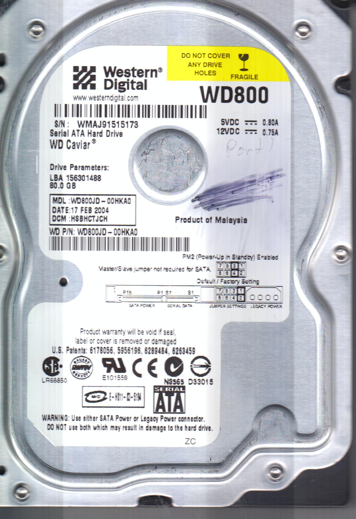 Wd800jd WD800JD-00HKA0, DCM HSBHCTJCH, Western Digital 80GB SATA 3.5 Hard Drive ...