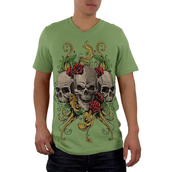 Skulls and Roses Tattoo Mens V-Neck T Shirt Green LG