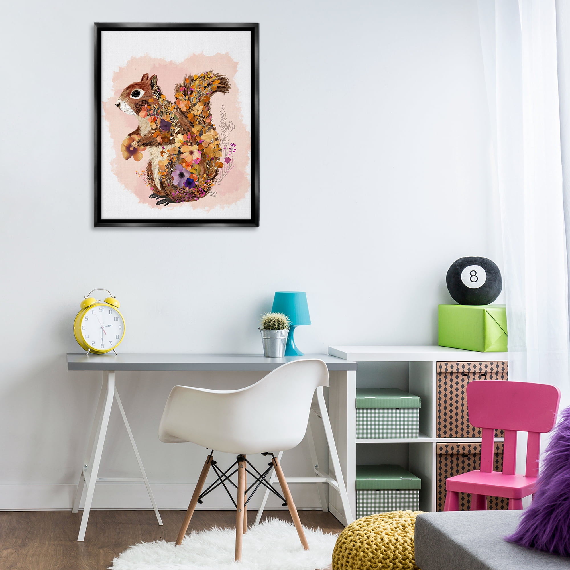 Stupell Industries Wildflower Patterned Squirrel Animals & Insects Painting Black Floater Framed Canvas Art Print Wall Art, 25 x 31