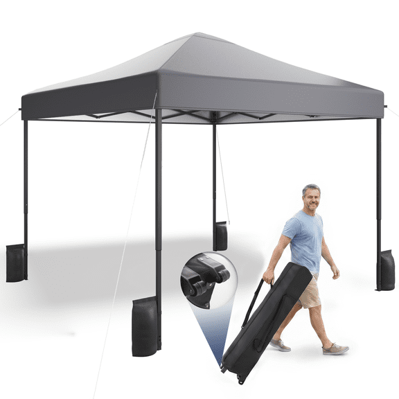 PATBRELA 10x10 FT Pop Up Canopy Tent, Easy Setup Straight Legs Instant Canopy for Outside with Wheeled Bag, Gray