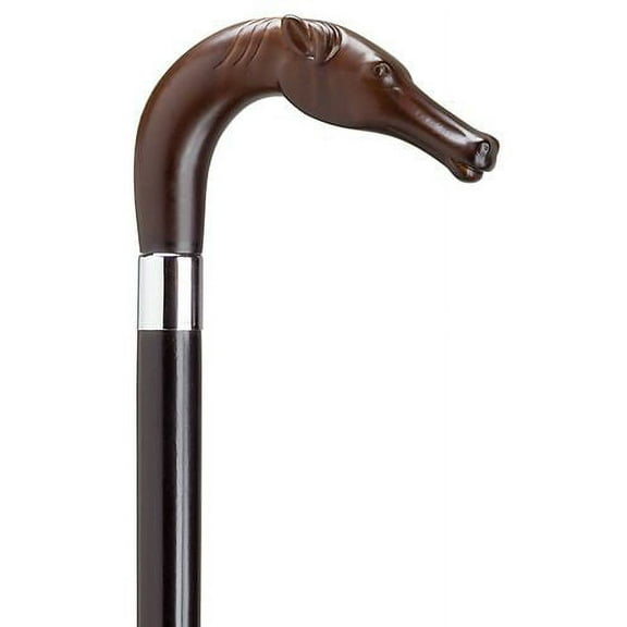 Walking Cane Unisex Horse Head Black Maple Cane, Brown "L" Shaped Handle