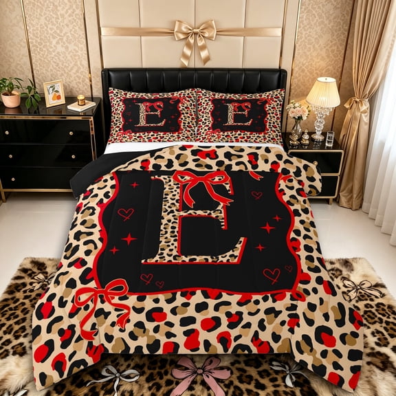 Manfei Cheetah Print Letter Monogrammed E Full Size Comforter Sets 3 Pieces for Women Girls,Teens Adults Shabby Chic Red Ribbon Bow Bedding Sets,Black Reversible,Breathable Home Decor