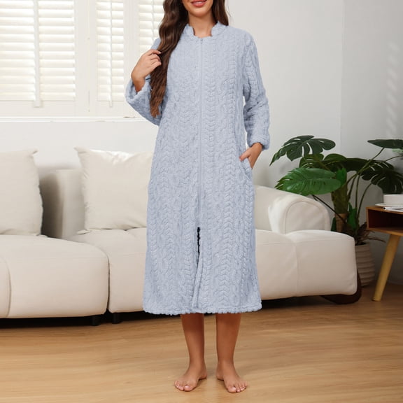 Roncen Women Plush Zipper Robe, Long Fleece House Coat Nightgown with Pockets Solid Bathrobe