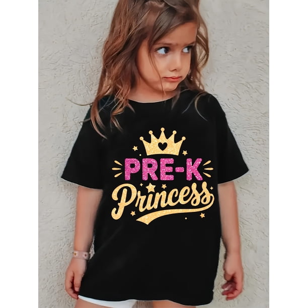 Camiseta para niña con estampado de corona de princesa: algodón suave, cuello redondo y letras rosas. Top informal de verano negro para niñas, ideal para actividades al aire libre y uso diario.