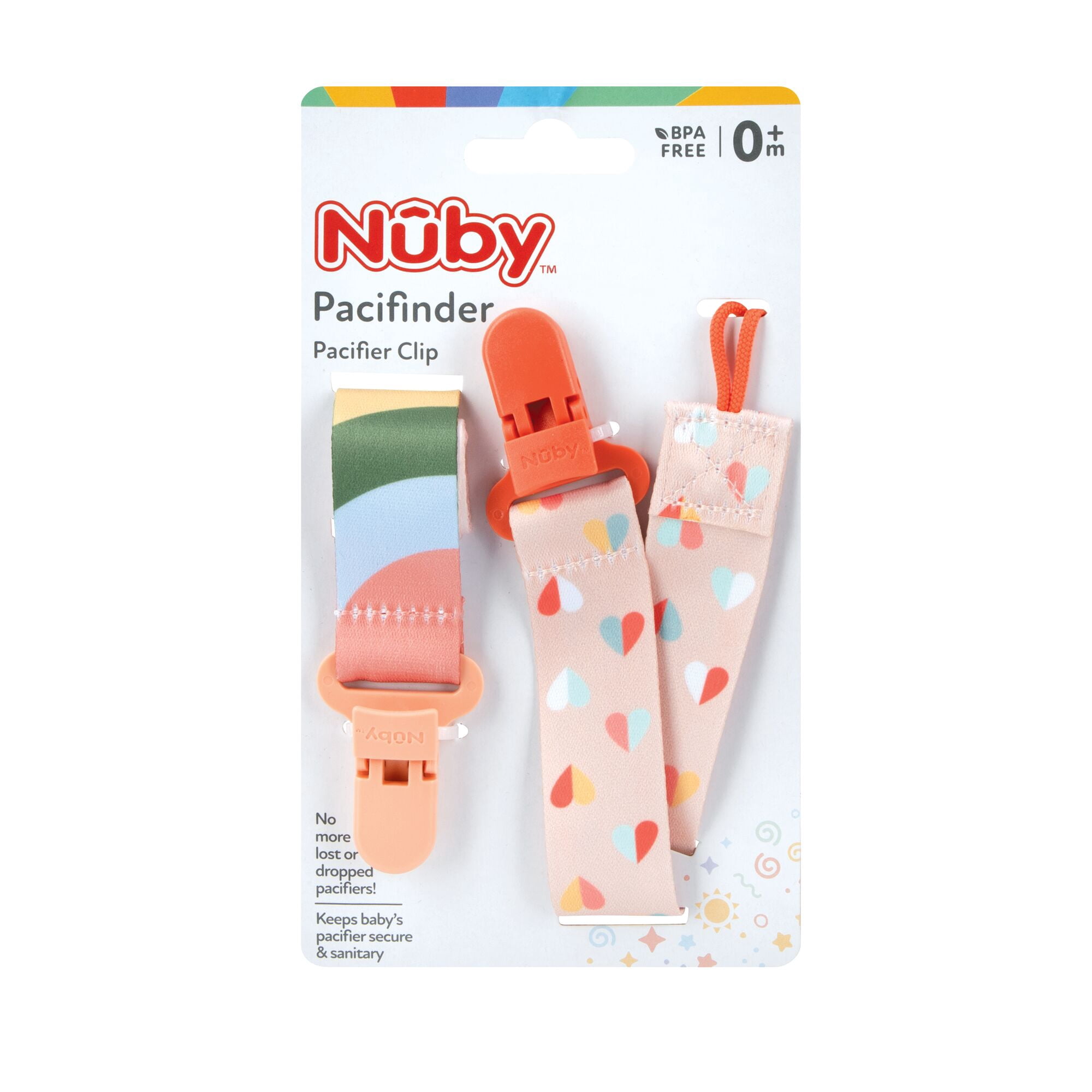 Nuby 2pk Cloth Pacifinder Clip, Peach with Stripes & Peach with Hearts