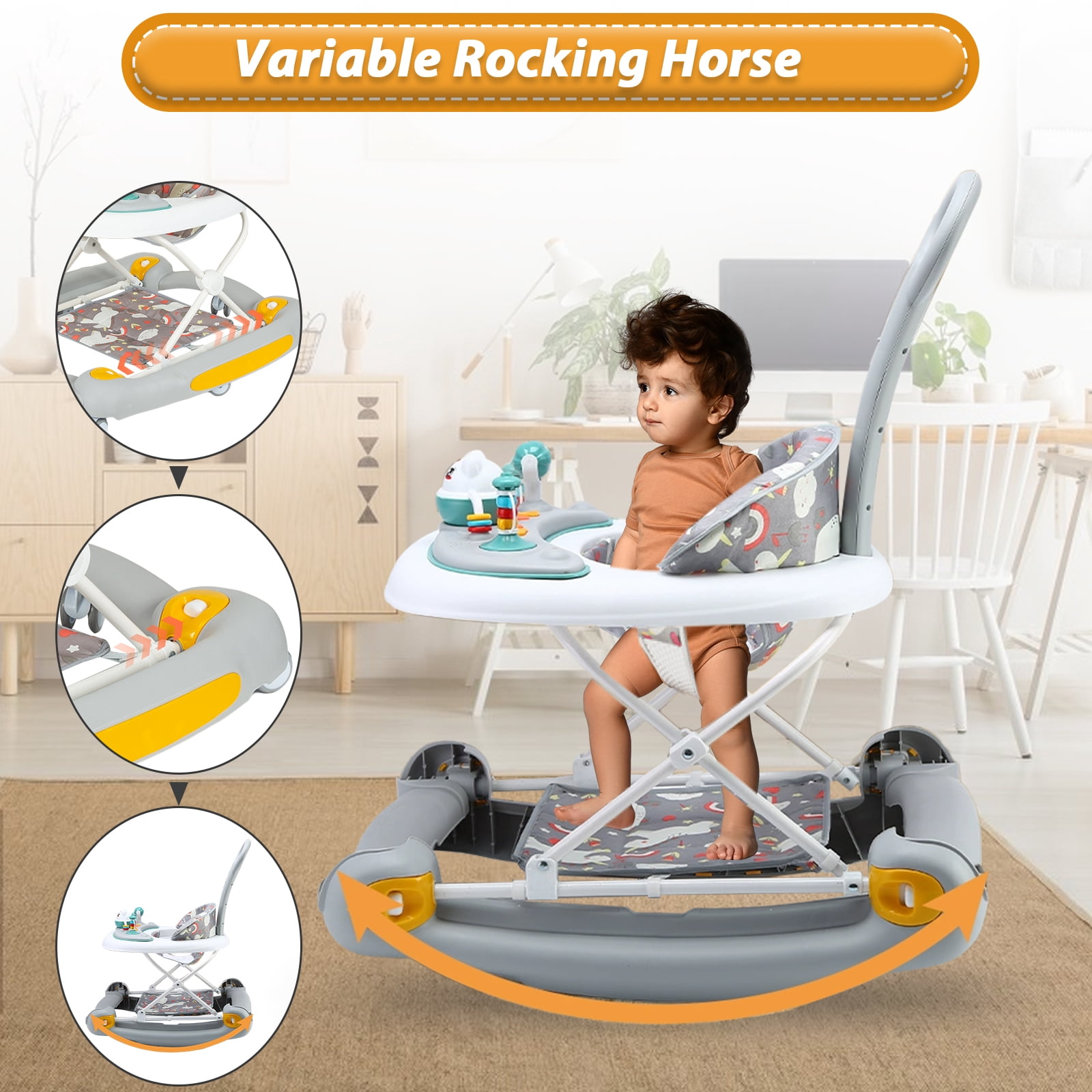 Activity Baby Walker for Girls and Boys, 5-in-1 Baby Walker with Music Toys, Height Adjustable, Grey
