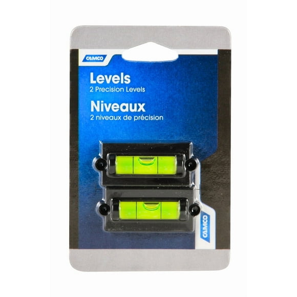 Camco RV Level 25523 Bubble Type; Side-to-Side and Front- to-Rear Leveling; Self Adhesive Mount or Screw On Mount; Set of 2