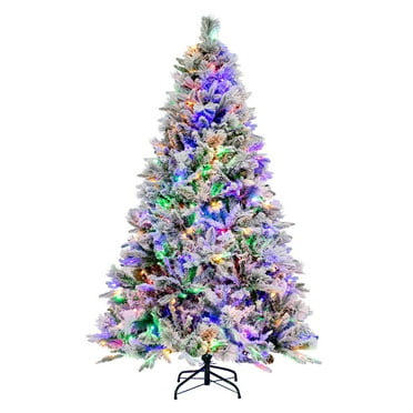 6 FT Pre-Lit Snow Flocked Christmas Tree Hinged Xmas Tree W/ 8 Modes 240 Lights
