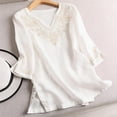 thumbnail image 3 of Camisas de Cuello V de Manga Corta para las Mujeres Vintage Lino Bordado Blusa, Suelto-Ajuste Cuello Redondo Superior para el Uso Diario Casual, 3 of 7