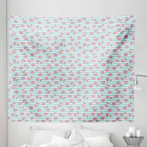 Funny Dog Tapestry, Pug with Heart Glasses and Donuts on Marine Inspired Striped Backdrop, Fabric Wall Hanging Decor for Bedroom Living Room Dorm, 5 Sizes, Cream Baby Blue Pink, by Ambesonne