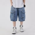 thumbnail image 5 of CAIXIA Boys Baggy Jeans Shorts Wide Leg Straight Wide Leg Embroidered Denim Shorts Knee Length Baggy Elastic Waist Jorts Classic Trendy School Bermuda Shorts Streetwear Preppy Clothes with Pockets, 5 of 6